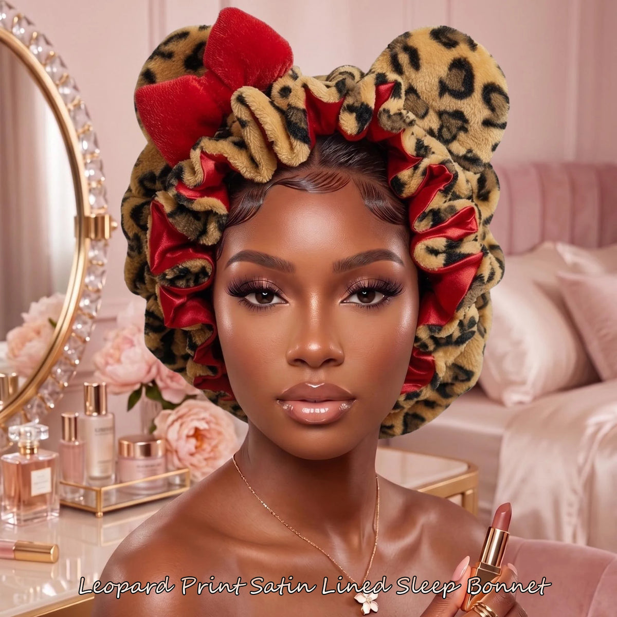 Leopard Teddy Satin-Lined Sleep Bonnet