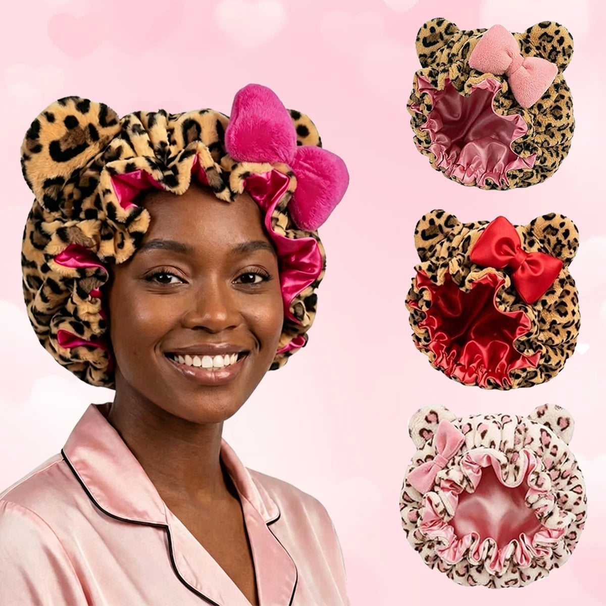 Leopard Teddy Satin-Lined Sleep Bonnet