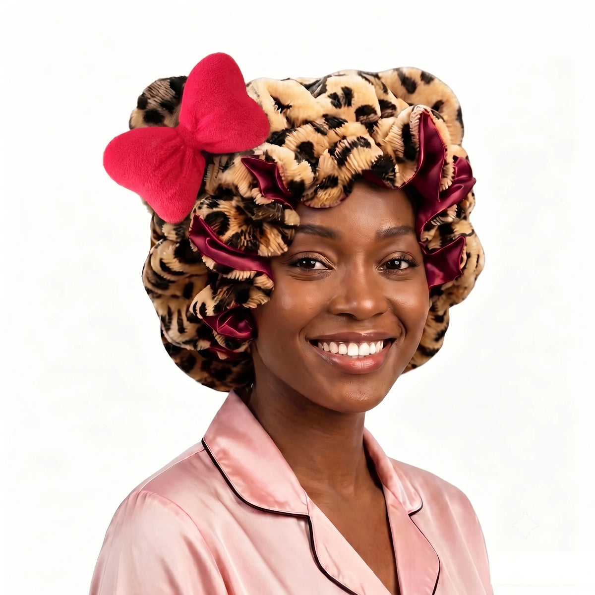 Leopard Teddy Satin-Lined Sleep Bonnet