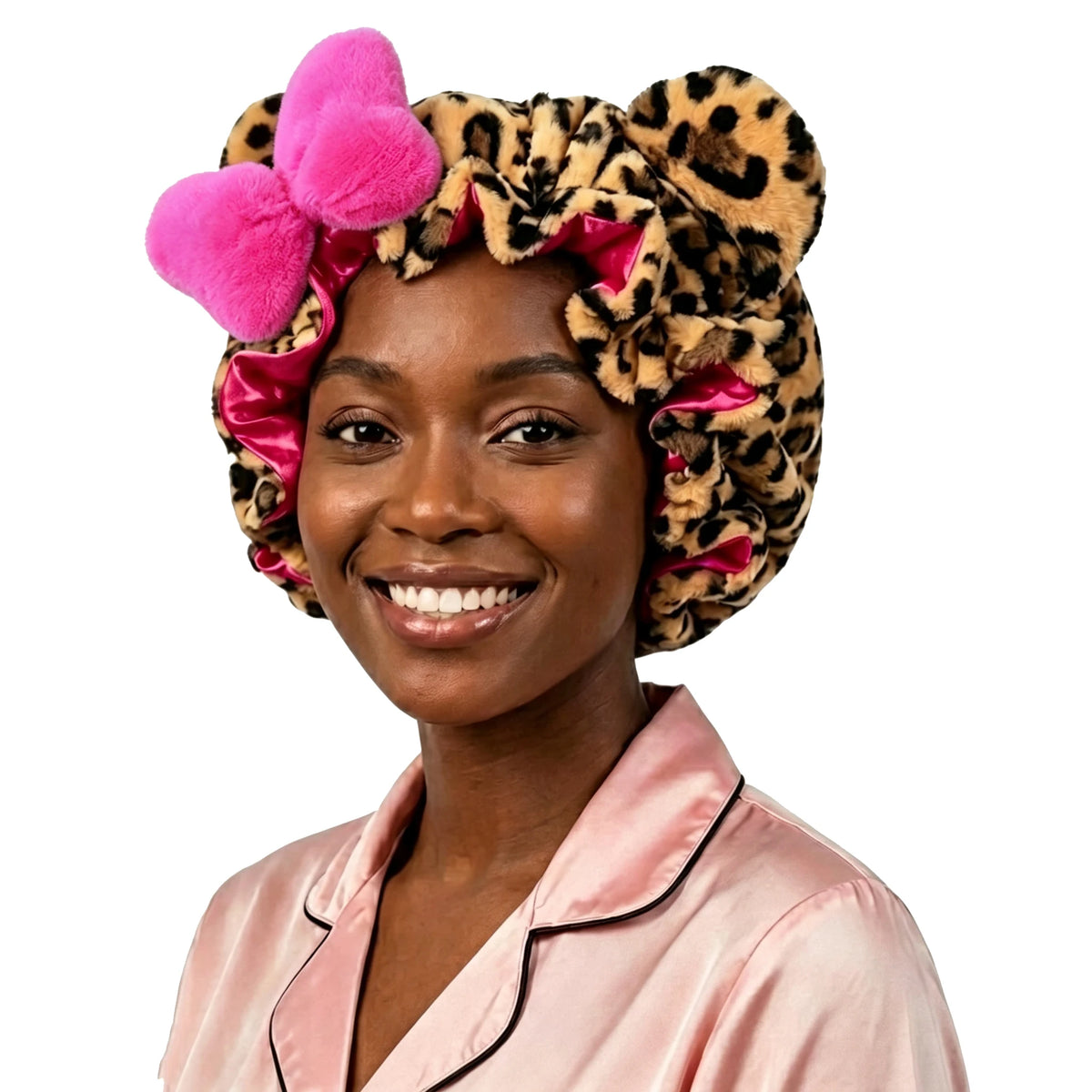 Leopard Teddy Satin-Lined Sleep Bonnet