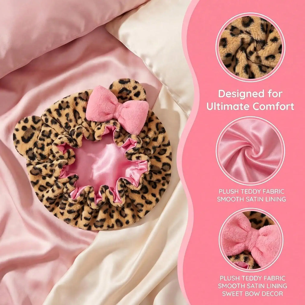 Leopard Teddy Satin-Lined Sleep Bonnet