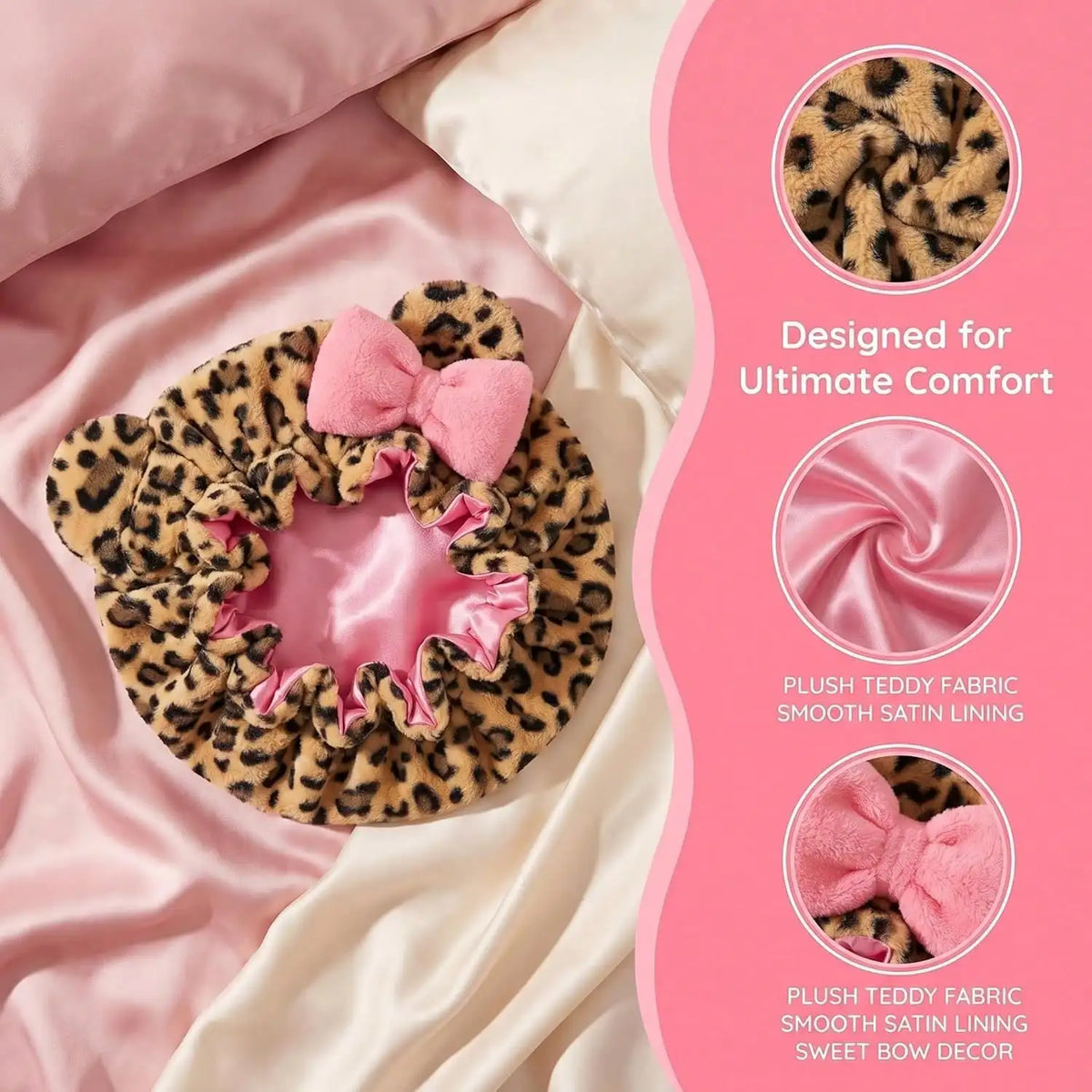 Leopard Teddy Satin-Lined Sleep Bonnet